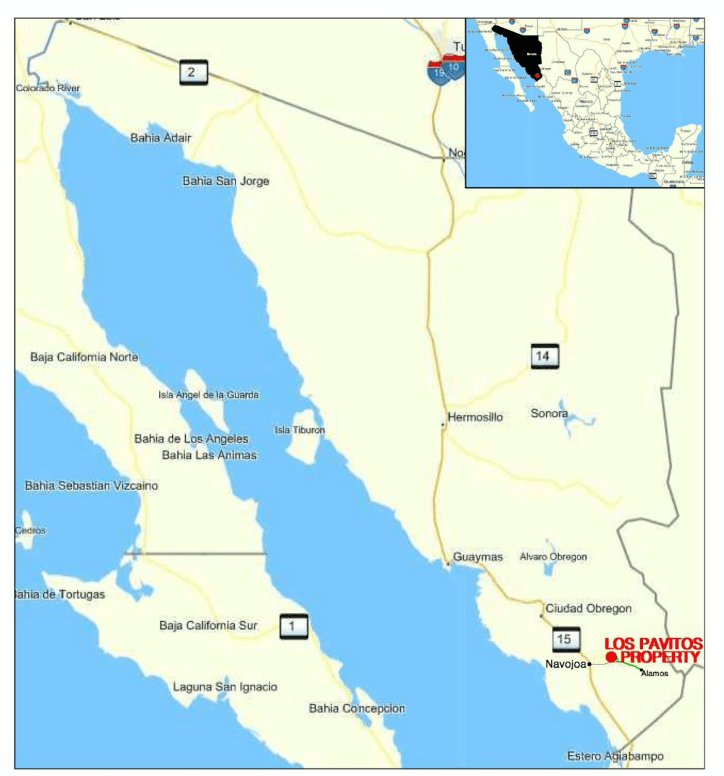 The Los Pavitos Property location in Sonora State, northwestern Mexico.