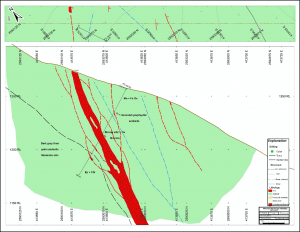 Geologic interpretation on cross section C showing ProDeMin drill hole PV-05, Palos Verdes Property.